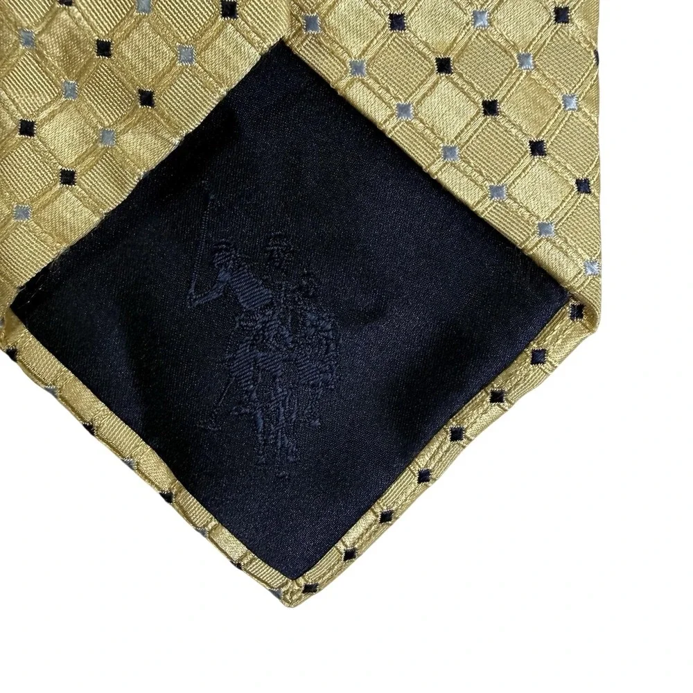 U.S.‎ Polo Assn. Necktie Mens OS Gold Geometric Grid Silk Excellent 3.5in Blade